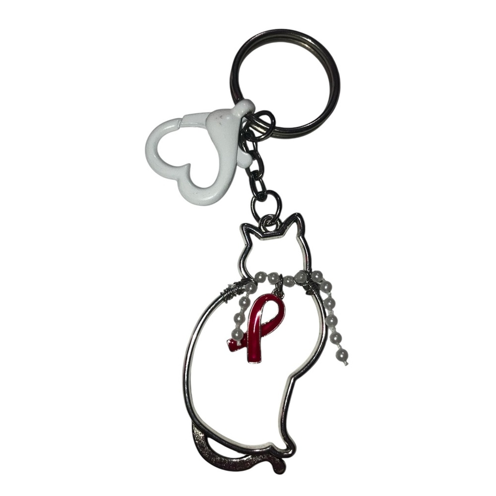 NWT Handmade breast cancer awareness cat purse bag charm keychain silver white